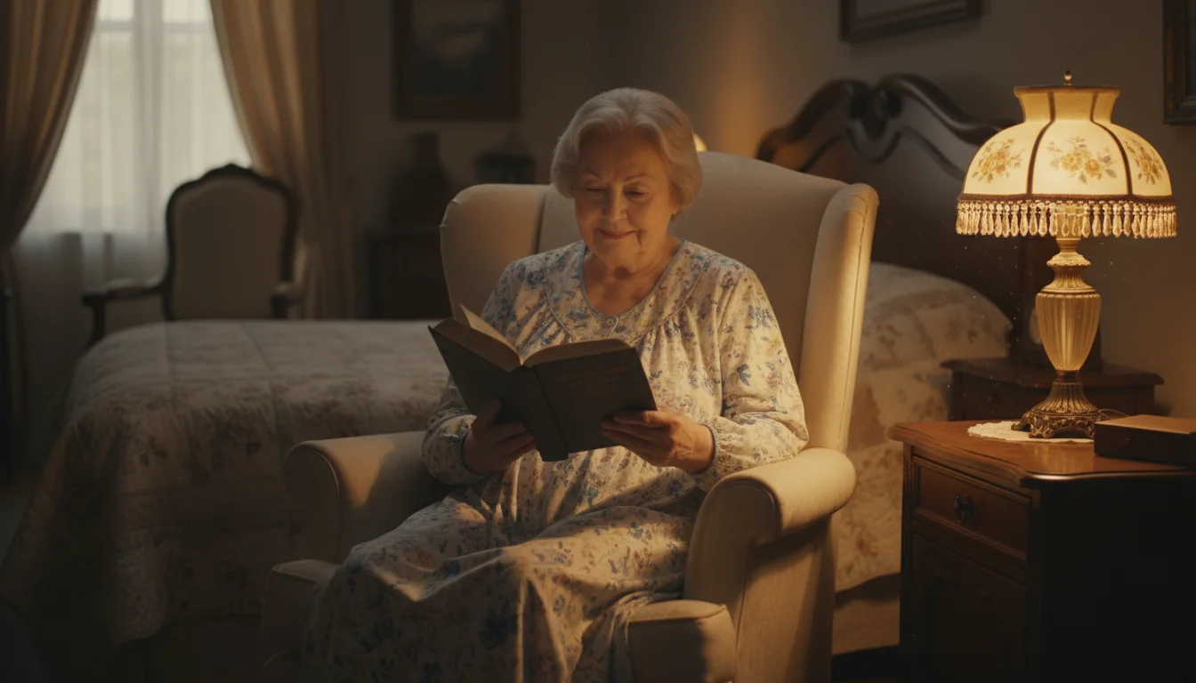 An older woman in a nightgown reads a physical book by a soft lamp in a cozy, dimly lit bedroom. A turned-off smartphone is on the nightstand.