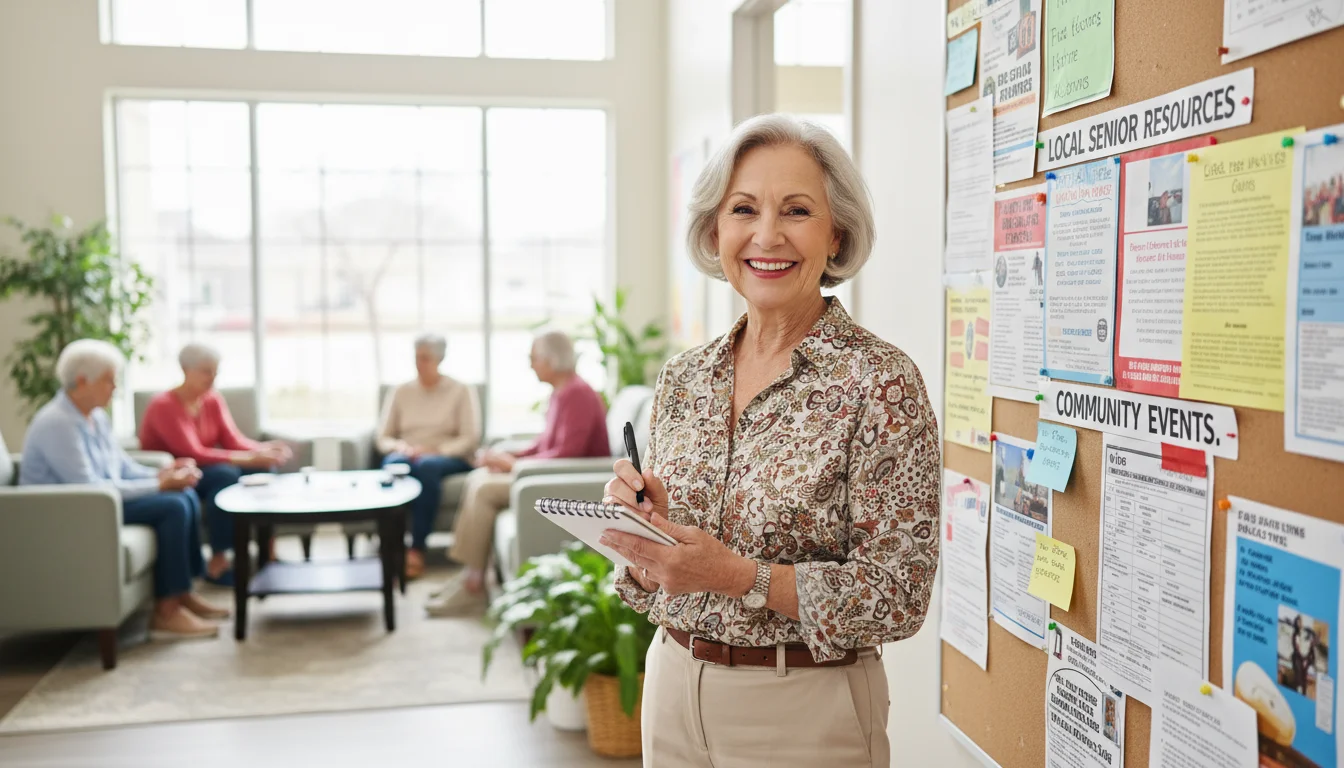 Older woman with a notebook thoughtfully examining a community center bulletin board filled with resource flyers.