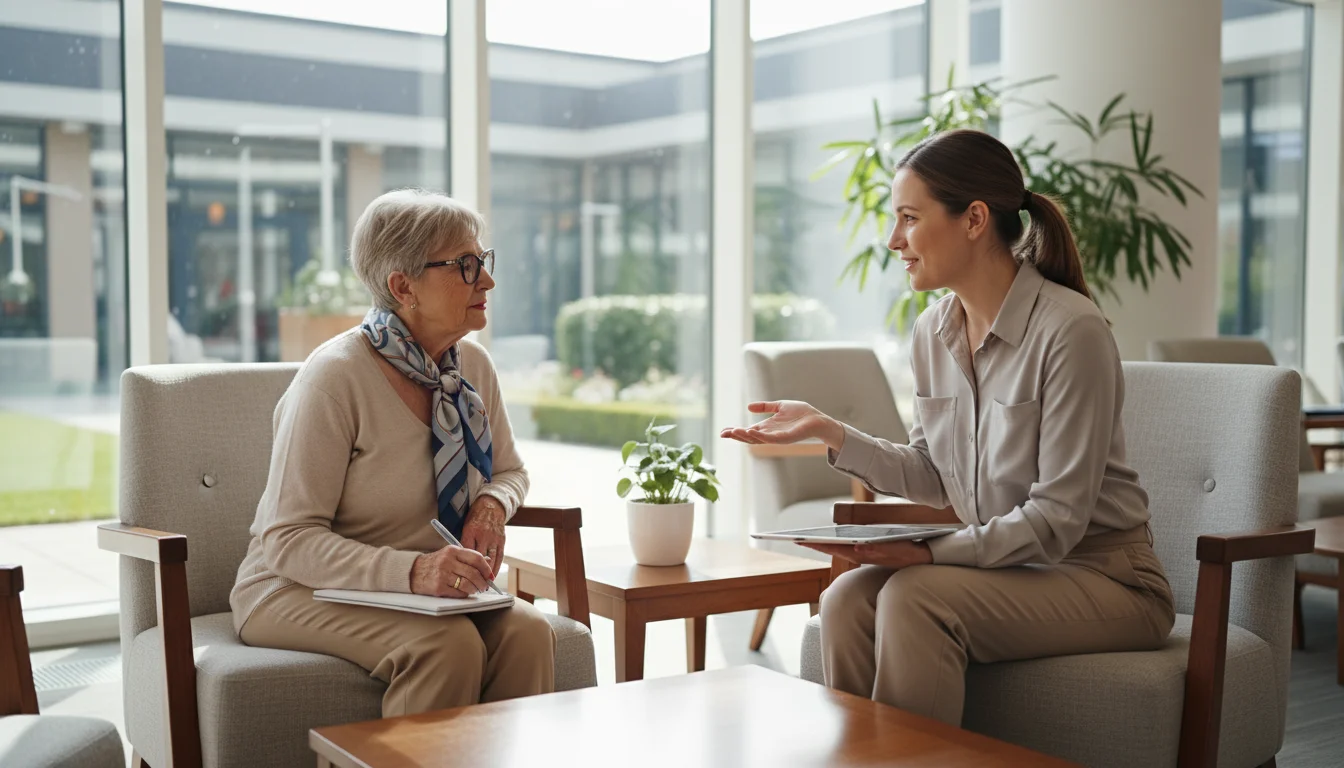 An older woman, notepad in lap, thoughtfully questions a younger wellness coordinator in a bright, modern retirement community lounge.
