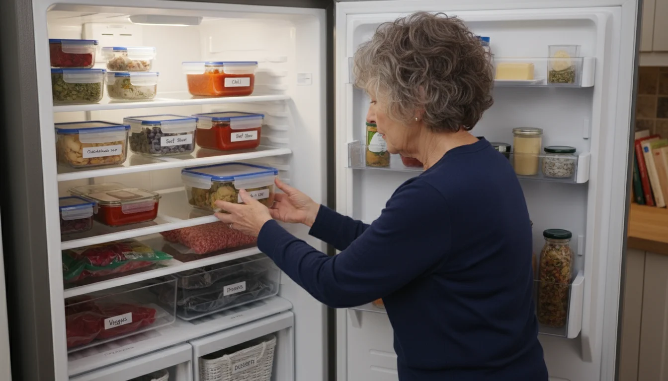 An older woman organizes an open freezer, carefully placing a labeled container of soup among other frozen, labeled meals and ingredients.