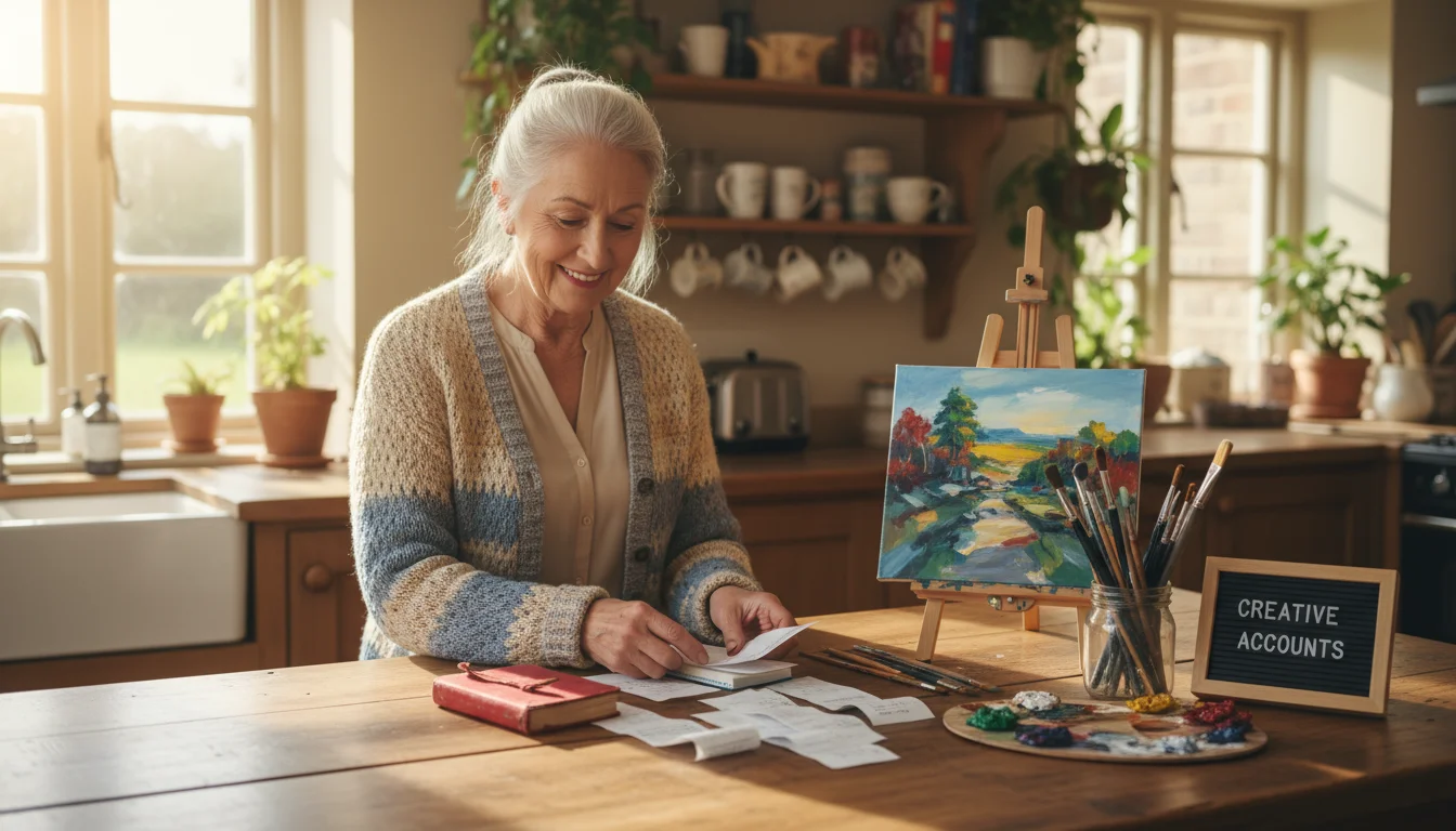 Older woman organizing receipts and a ledger at her kitchen table, with art supplies nearby.