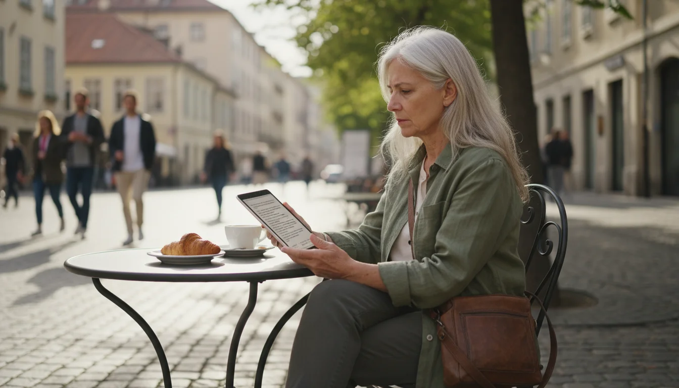 Older woman at an outdoor cafe intensely reviewing financial documents on a tablet while traveling internationally.