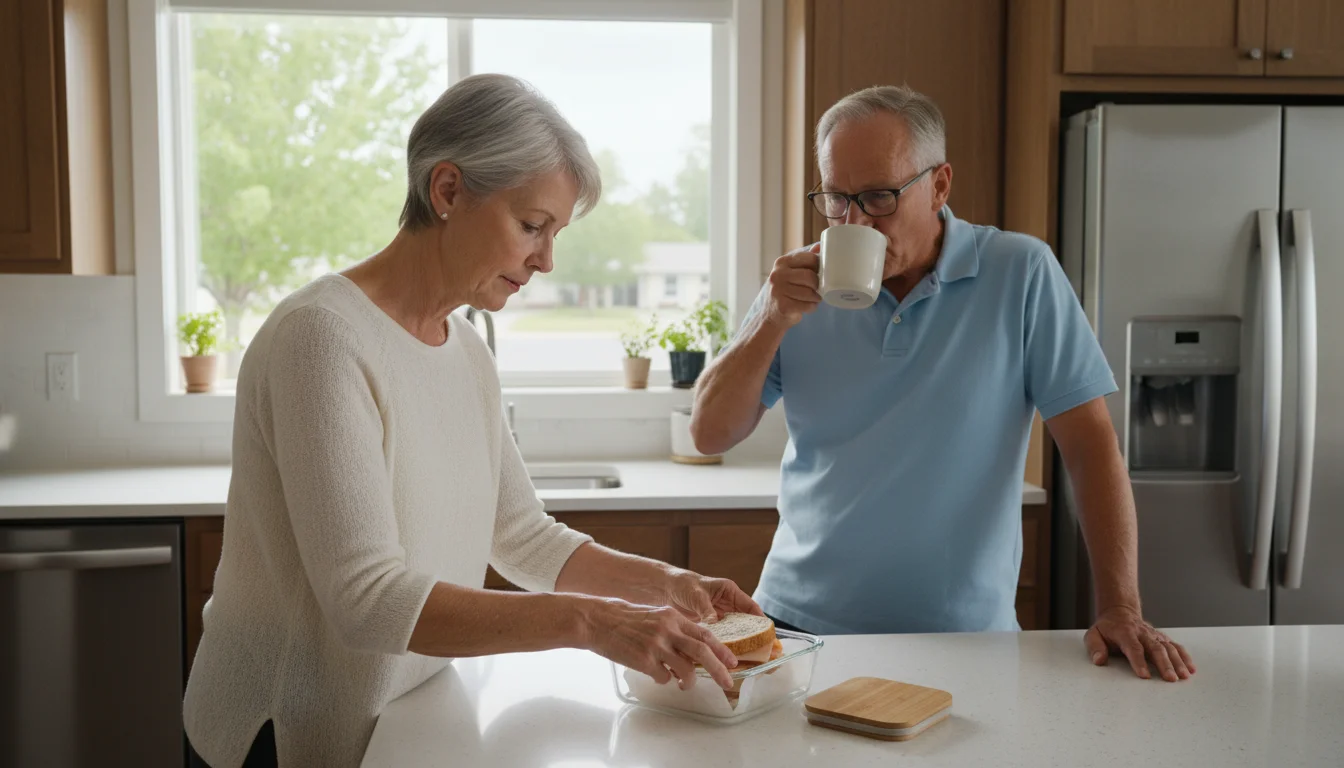 Older woman packing a sandwich in a bright vacation rental kitchen while her partner sips coffee.