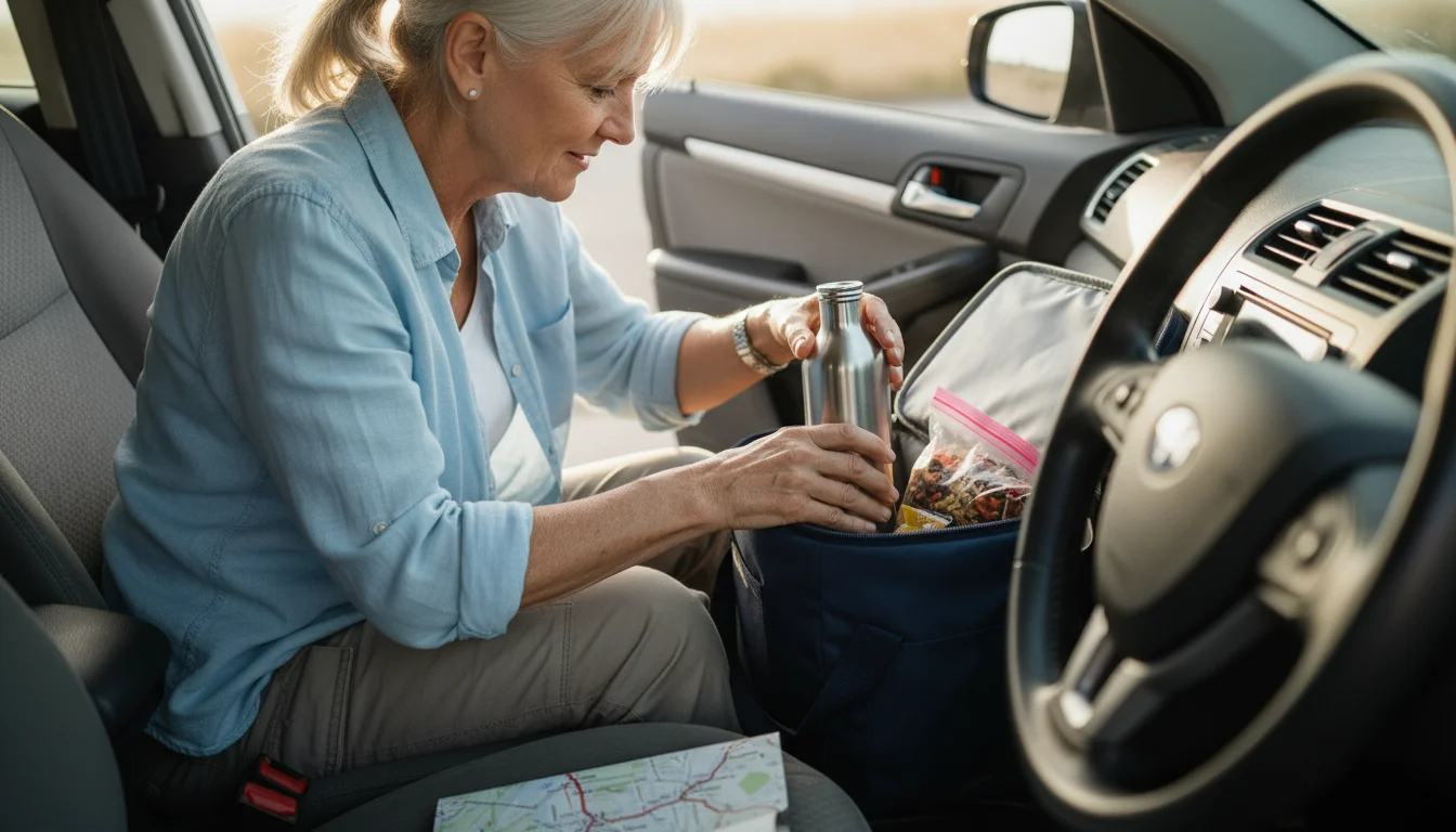 Older woman packing a soft-sided cooler bag with a reusable water bottle and snacks on the passenger floor of a car.