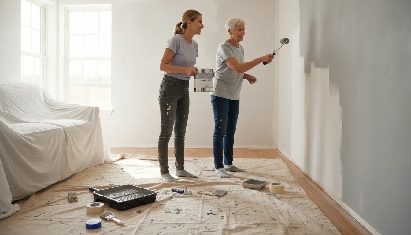An older woman carefully paints a light gray wall in her living room, with a younger woman standing nearby holding a paint can.