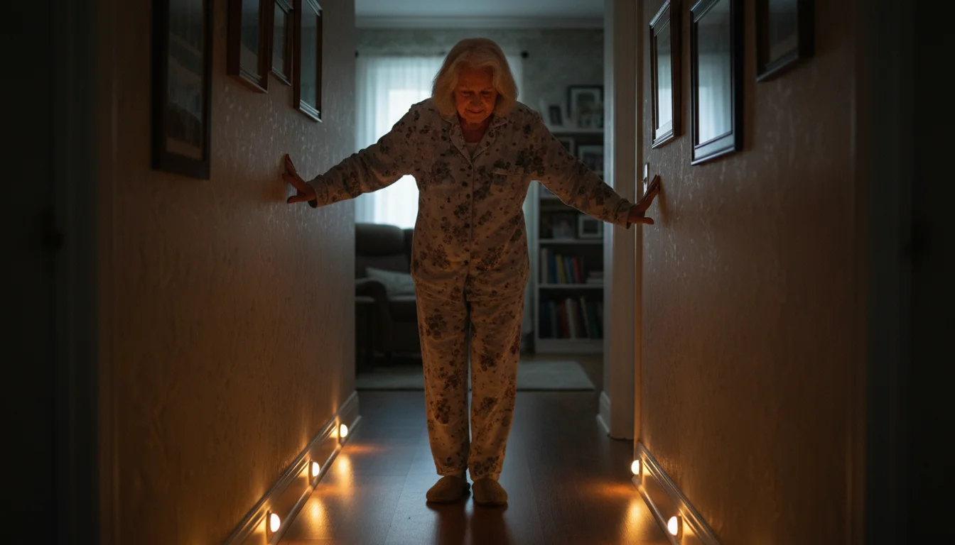 An older woman in pajamas walks down a gently lit hallway at night, guided by automatic nightlights on the wall.