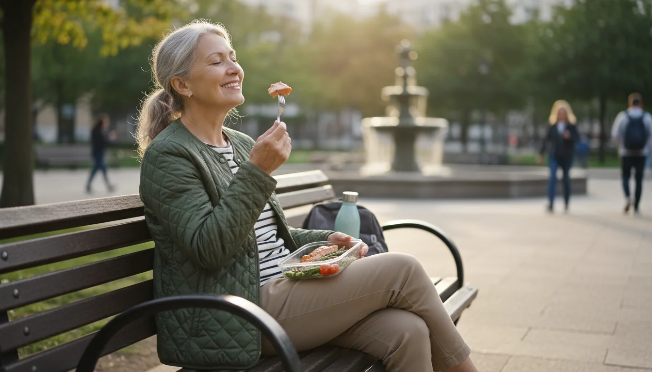 An older woman on a park bench eating grilled salmon and asparagus, looking healthy and content.