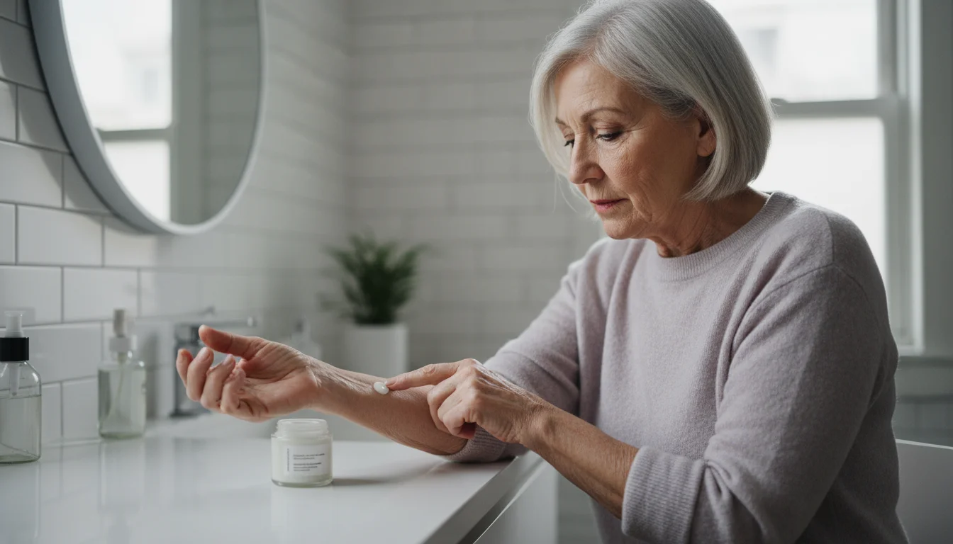 Older woman carefully patch-testing a new skincare product on her inner forearm in a well-lit bathroom.