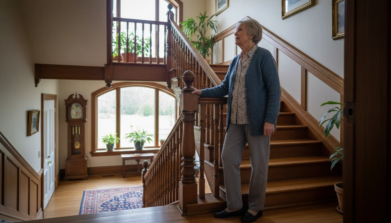 An older woman pauses at the foot of a tall, wooden staircase, looking up the steps with a thoughtful, slightly weary expression.