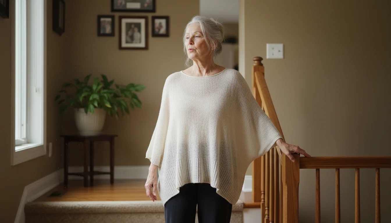 Older woman (70s) pauses at top of stairs, shoulders relaxed, subtly pursing lips with a calm, focused expression.