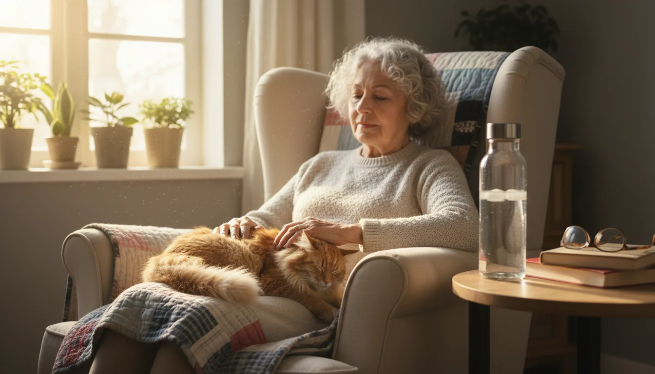 Older woman gently petting a cat in a sunlit living room, with a half-full water bottle on a side table nearby.