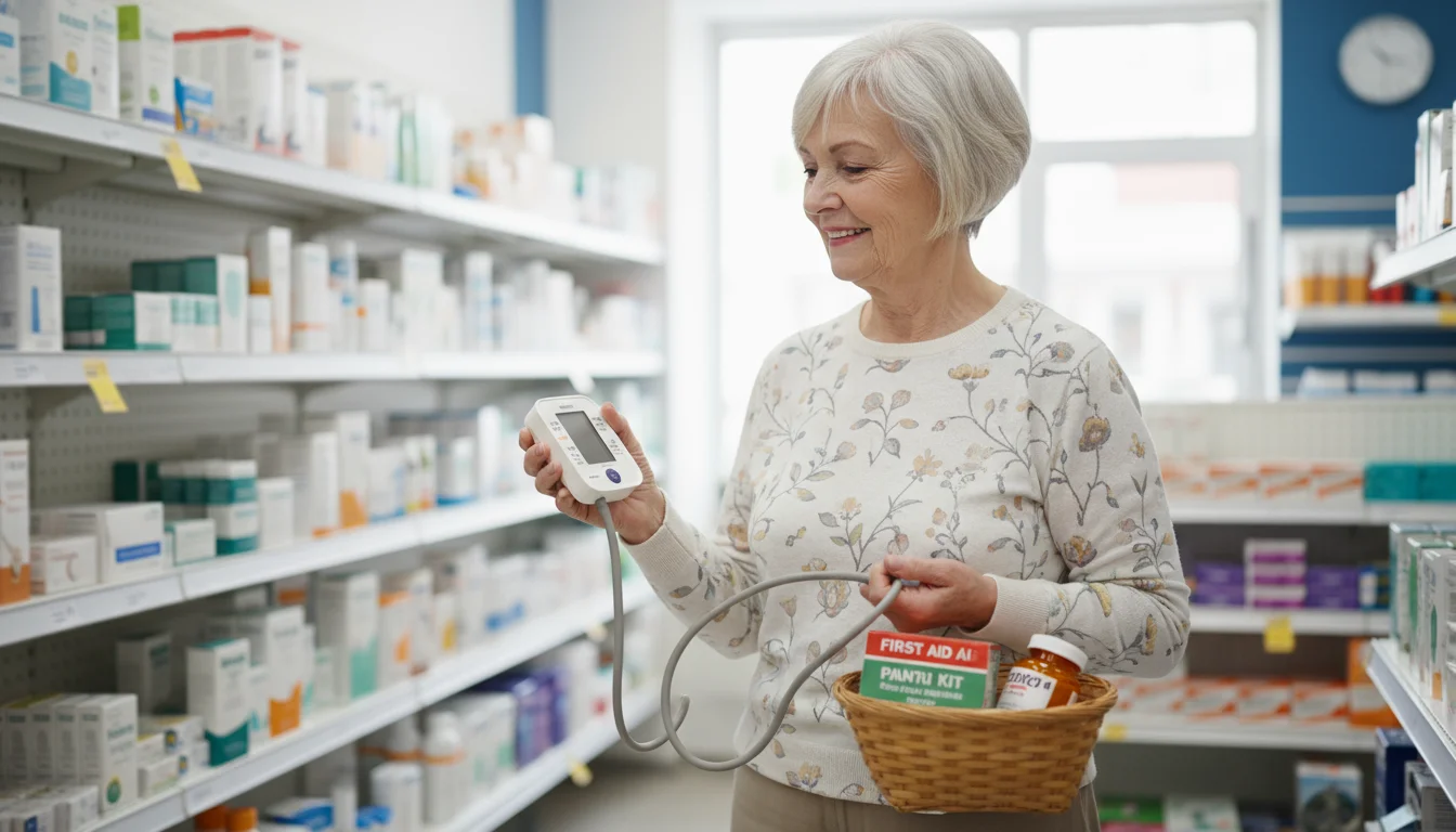 An older woman in a pharmacy aisle thoughtfully holds a blood pressure monitor, looking at a basket with other medical supplies.