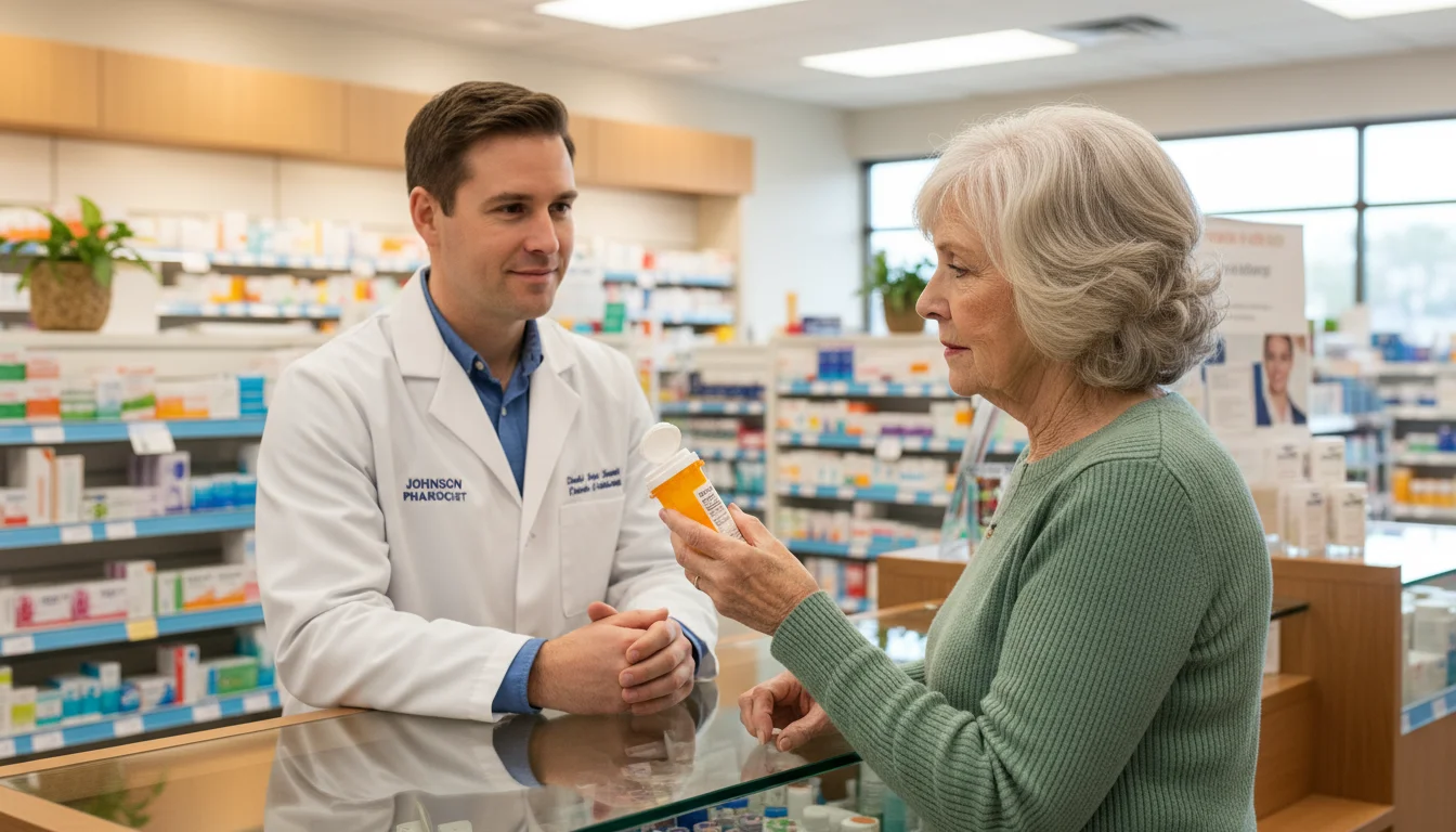 An older woman at a pharmacy counter holding a pill bottle and talking intently with a pharmacist.