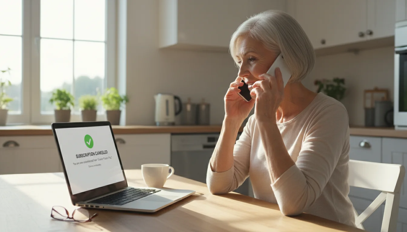 Older woman on a phone call, smiling slightly, with her hand near a laptop displaying a streaming service cancellation.
