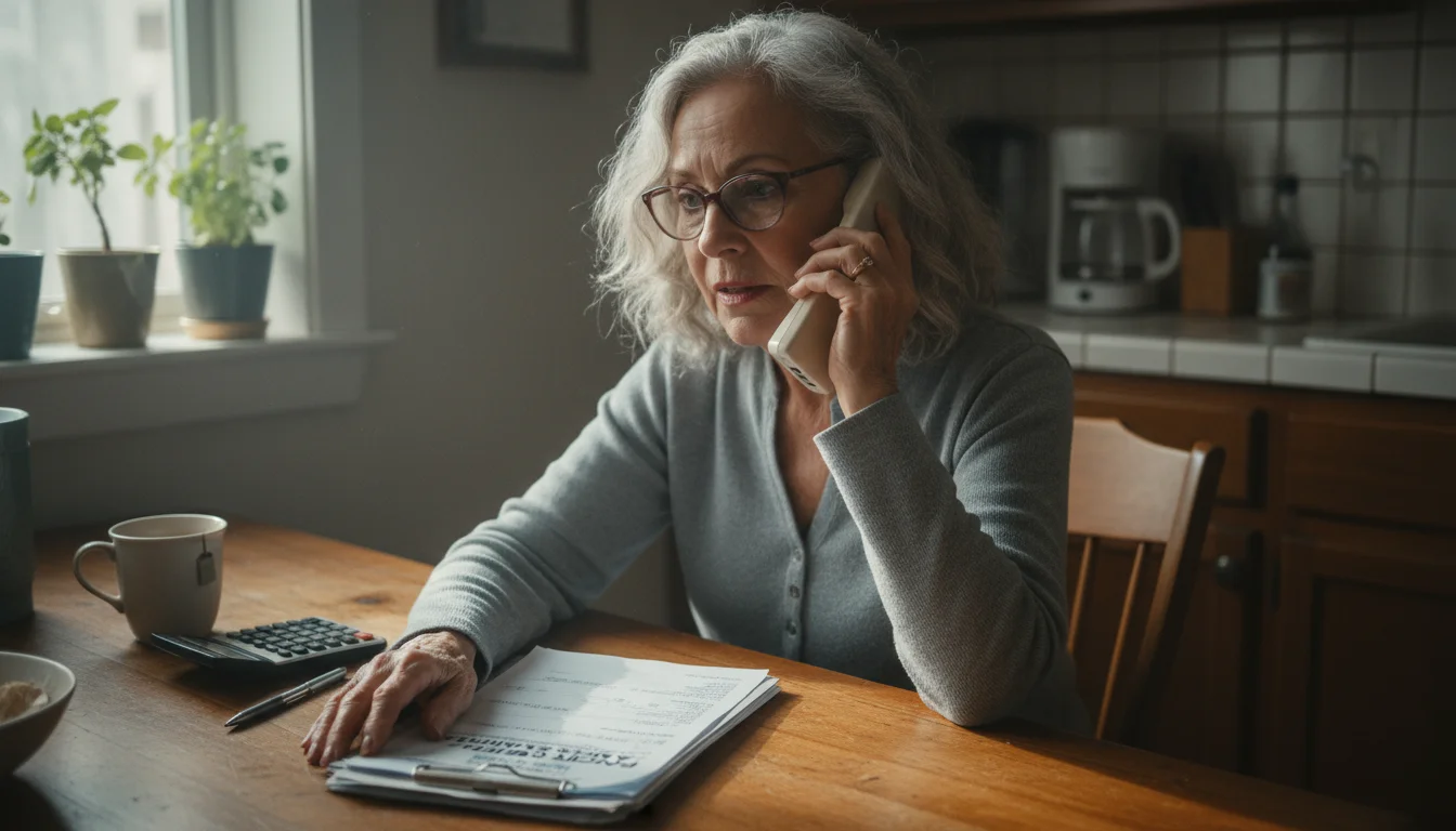 Older woman on the phone at a kitchen table, looking at a utility bill, illuminated by natural light.