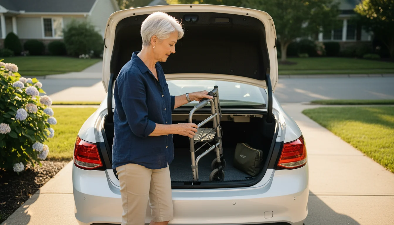 Older woman carefully placing a folding walker into the trunk of a car, with a small pouch and glasses case beside it.