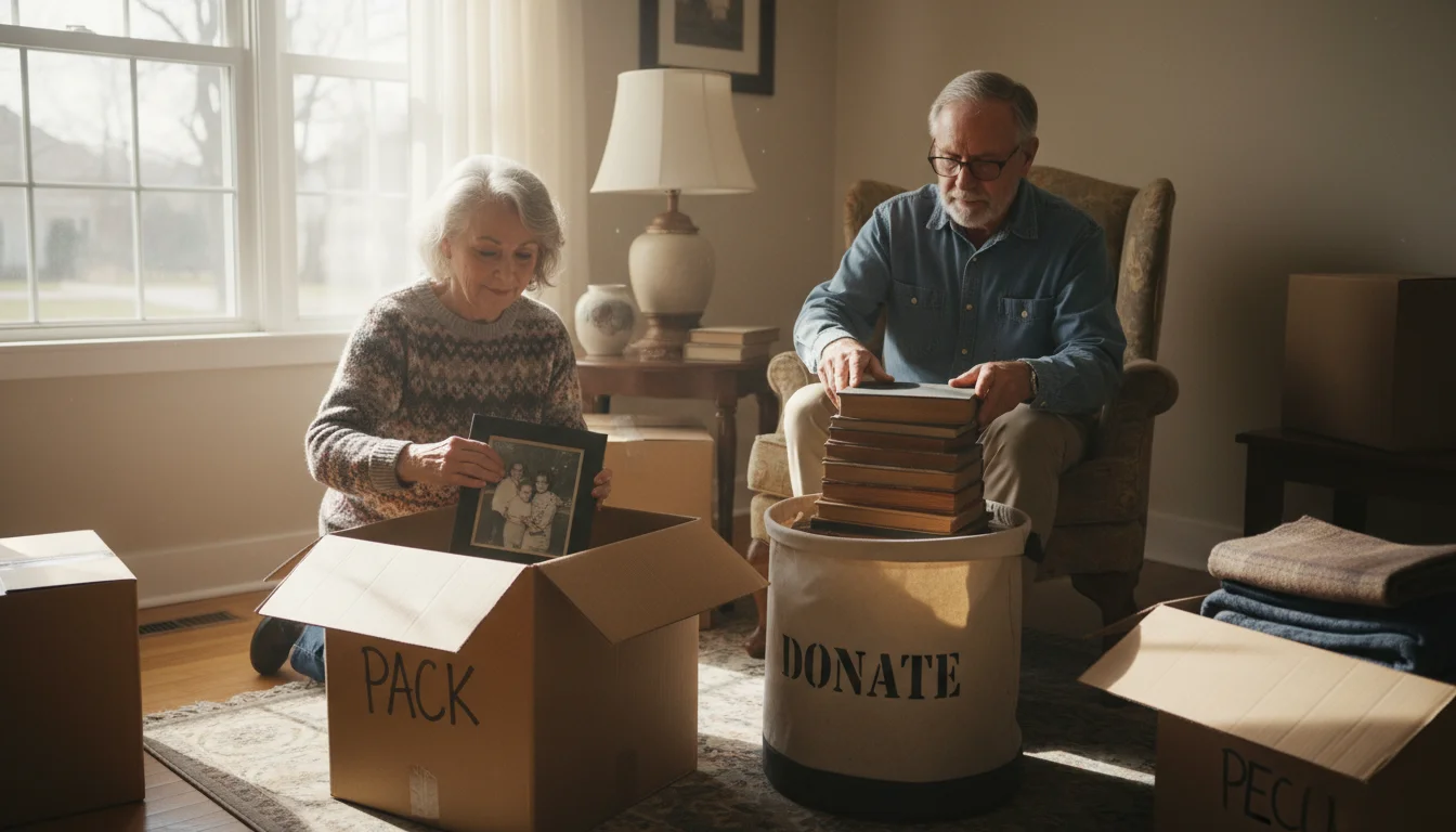 Older woman placing a framed photo into a box, while an older man sorts books in a sunlit living room being decluttered.
