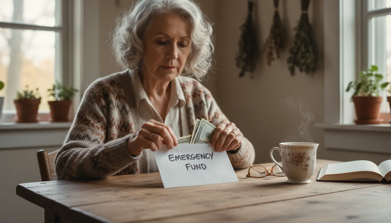 Older woman placing money into an envelope labeled 