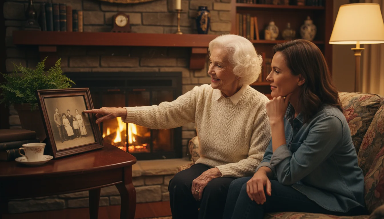 An older woman points to a framed photo on a shelf, sharing a memory with her younger adult companion among curated personal items.