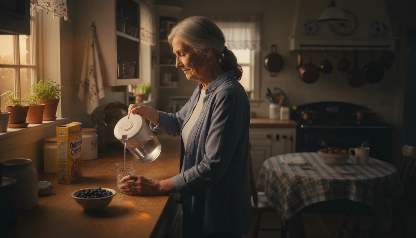 Older woman pouring water from a pitcher into a glass in a kitchen, with blueberries and tea nearby.