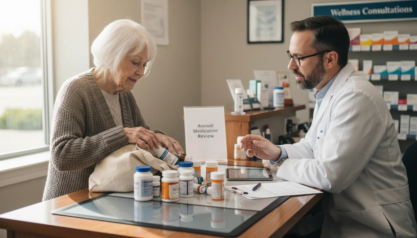 An older woman pours medication bottles from a bag onto a counter while a pharmacist attentively listens and reviews them.