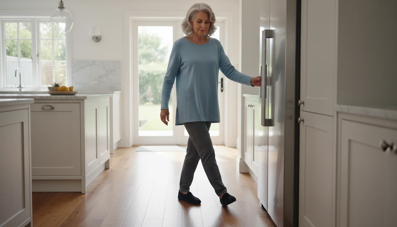 An older woman practices a heel-to-toe walk in her kitchen, using a counter for light balance support.