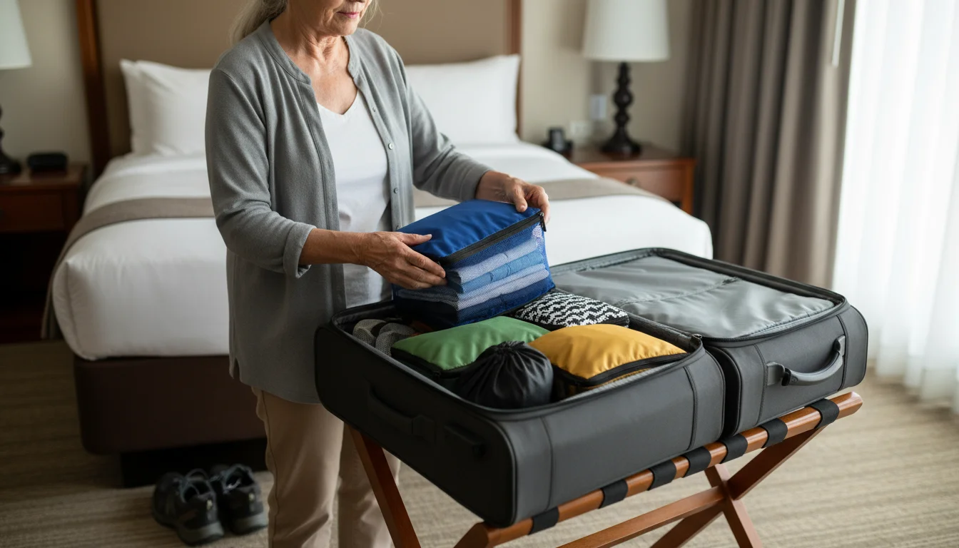 An older woman pulls a blue packing cube filled with clothes from an open suitcase, showing other organizers inside.