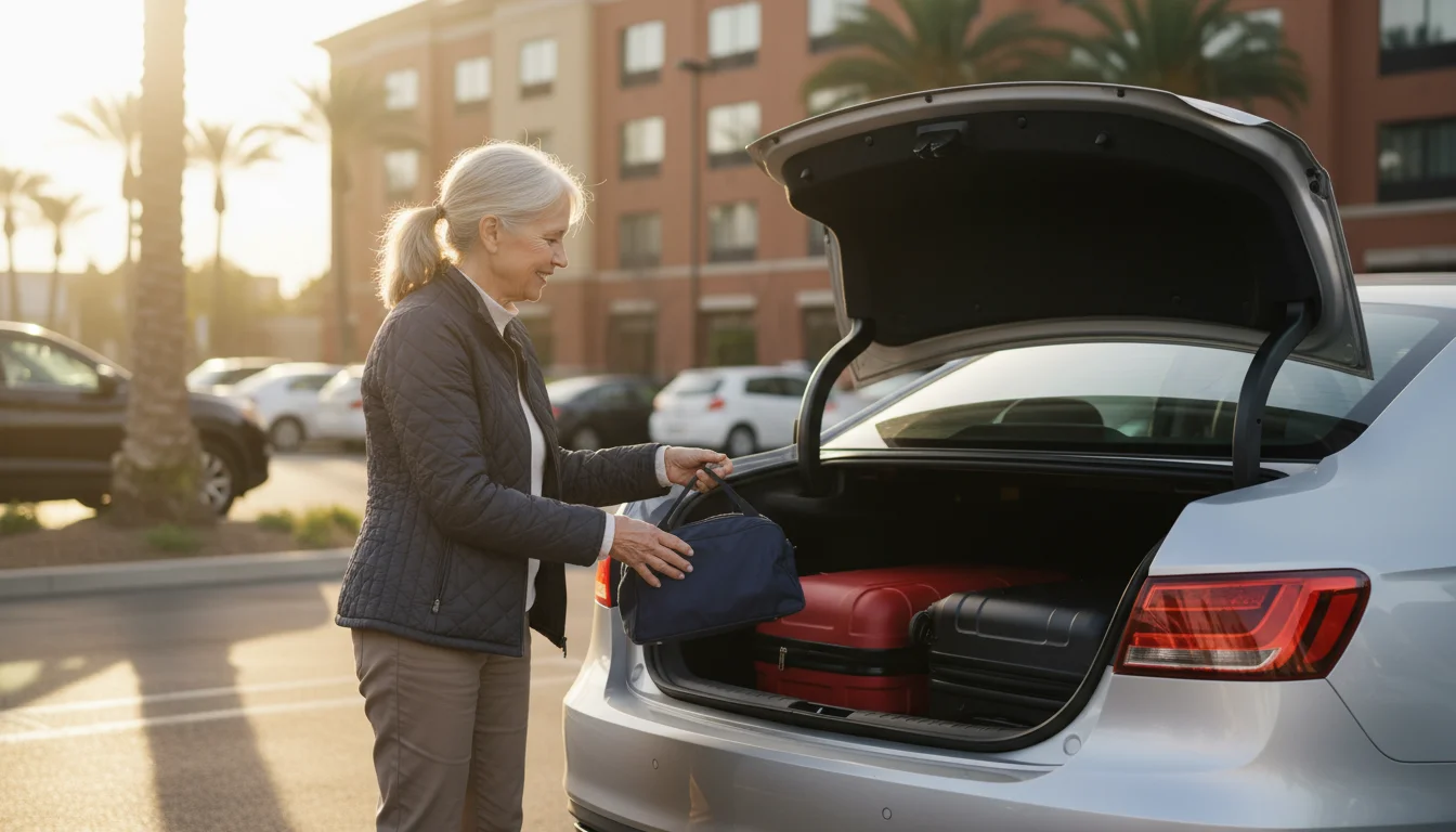 An older woman pulls a small duffel bag from her car trunk in a hotel parking lot, leaving larger suitcases behind.