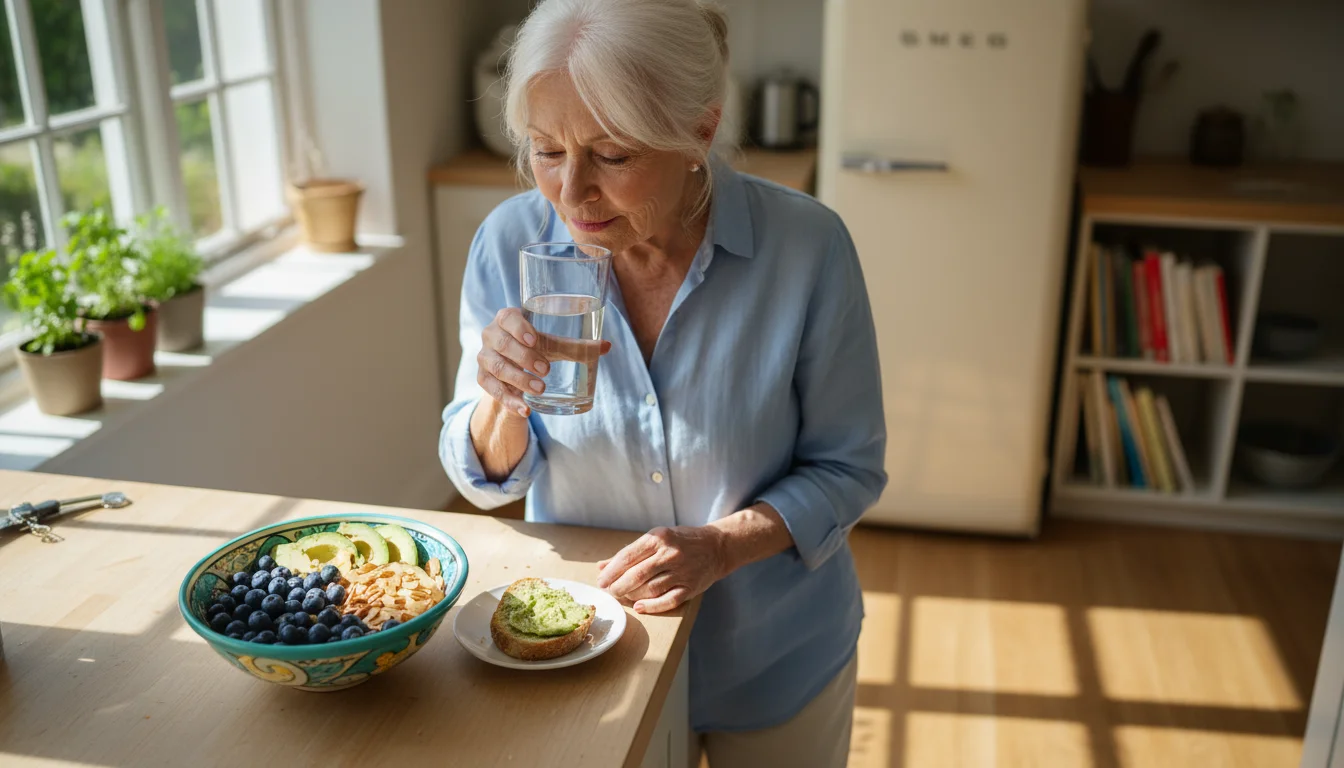 Older woman reaching for a glass of water on a kitchen counter next to a bowl of fresh blueberries, avocado, and kale.