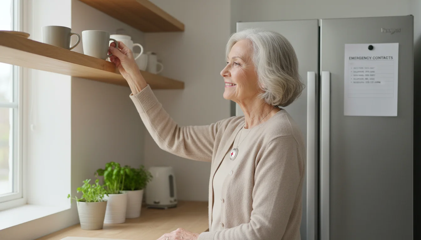 Older woman reaching for a mug in a sunlit kitchen. Emergency contact list on fridge, medical alert pendant visible.