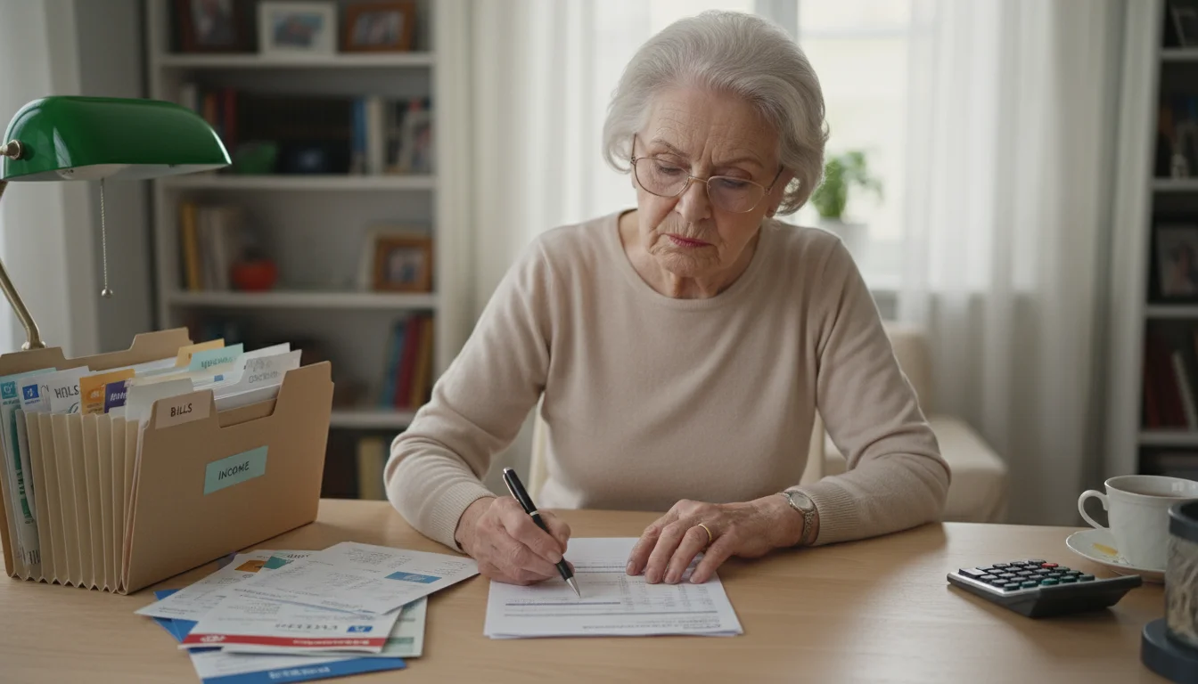An older woman with reading glasses calmly reviews a bank statement at a wooden desk, surrounded by neatly organized financial documents.