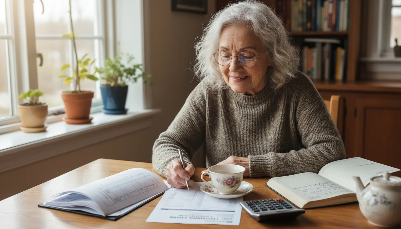An older woman with reading glasses calmly reviews financial papers, a ledger, and a calculator at her kitchen table.