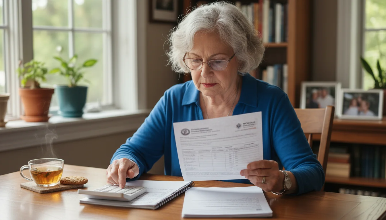 An older woman with reading glasses diligently reviews healthcare documents and uses a calculator at a wooden table.