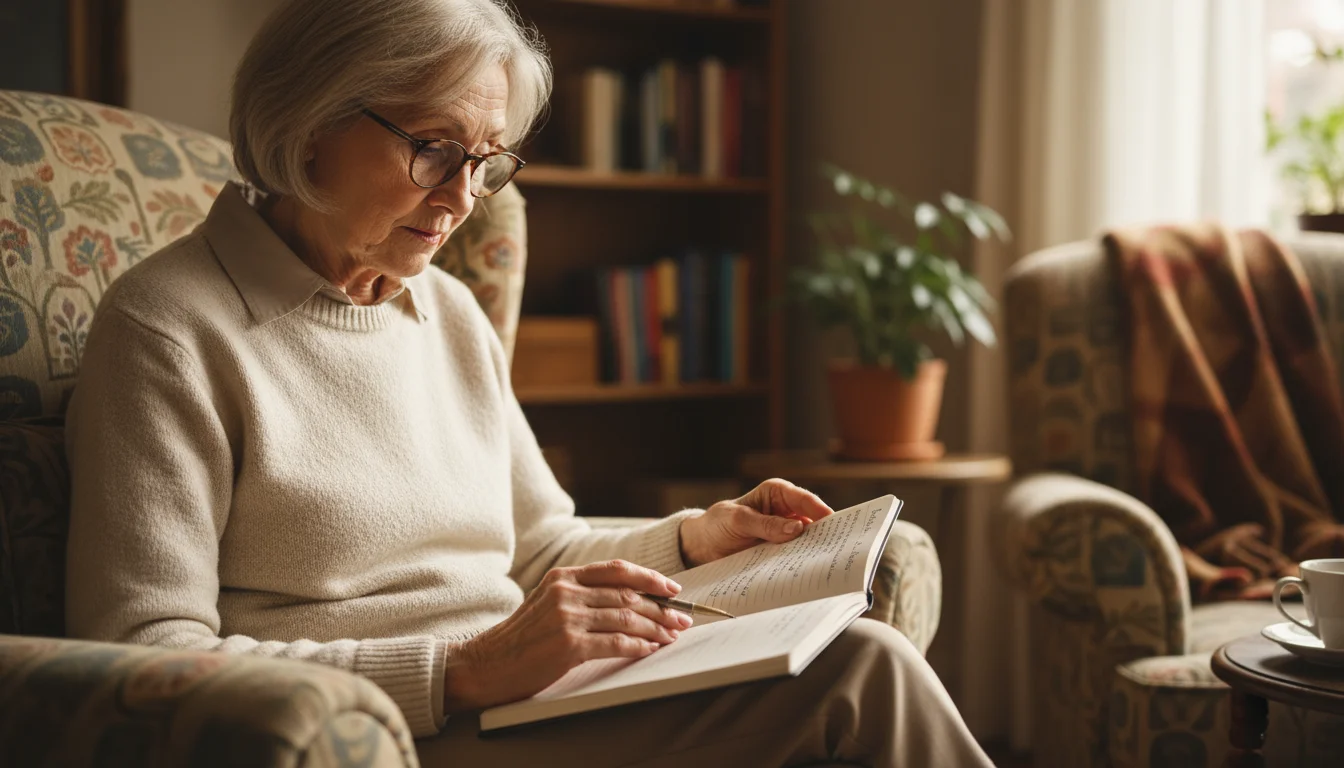 An older woman in reading glasses carefully examines a handwritten packing list in a notebook on her lap, planning her trip.