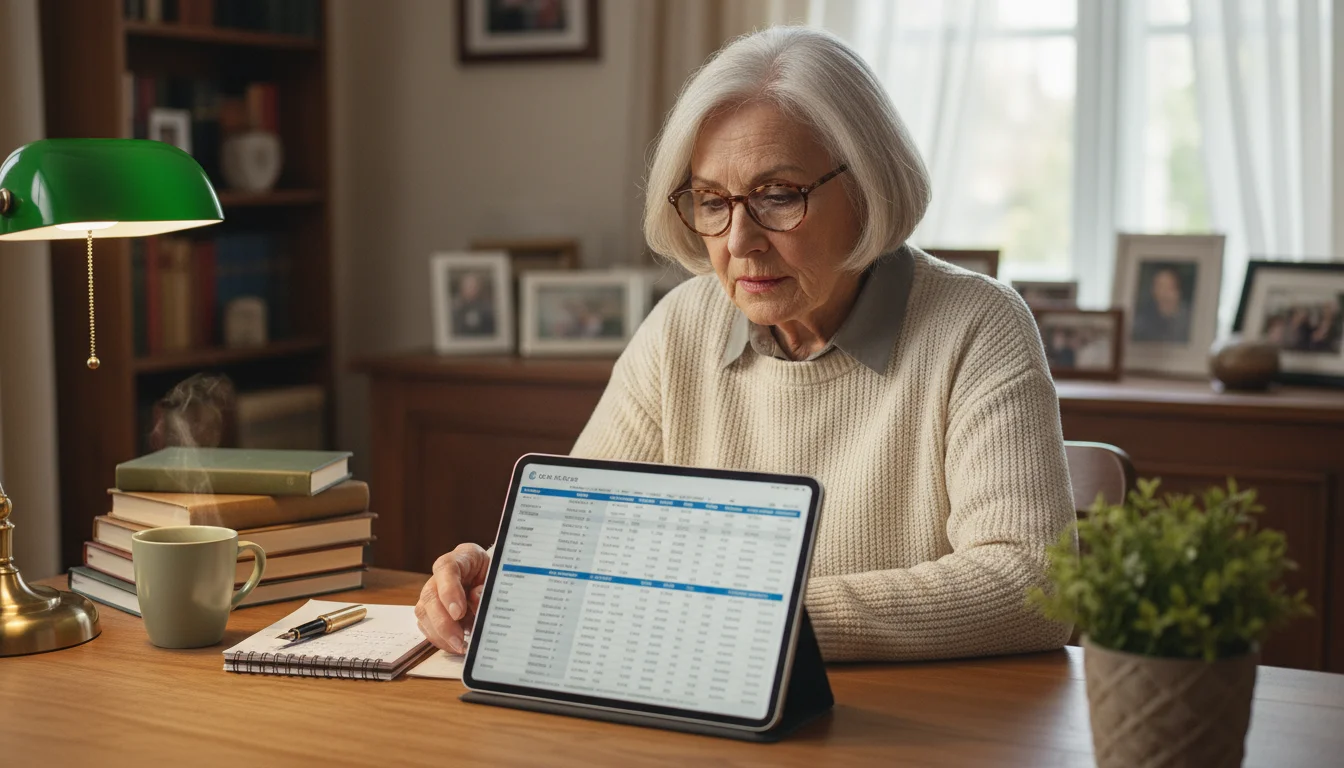 An older woman with reading glasses intently reviews financial documents and a tablet at a wooden desk in her home office.