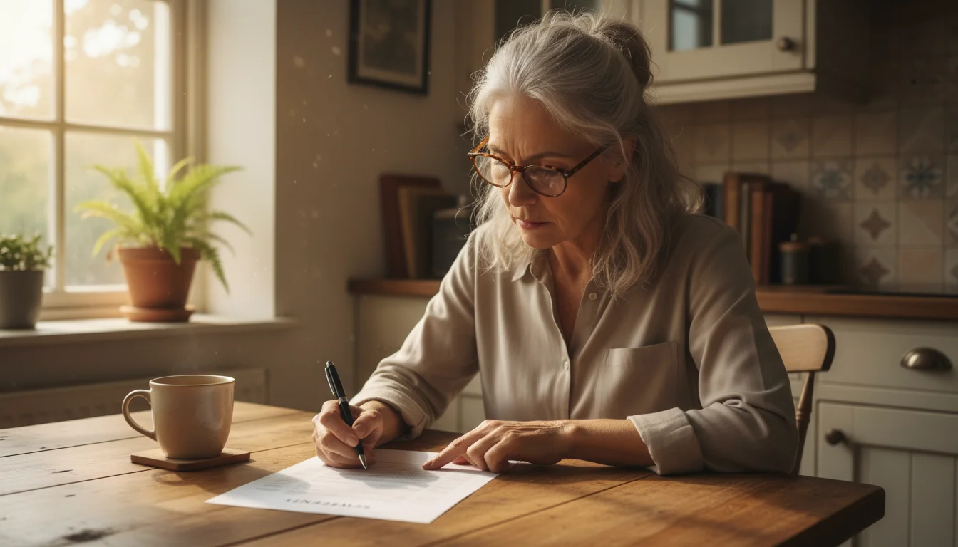 An older woman with reading glasses intently reviews a physical credit card statement at her kitchen table, holding a pen.