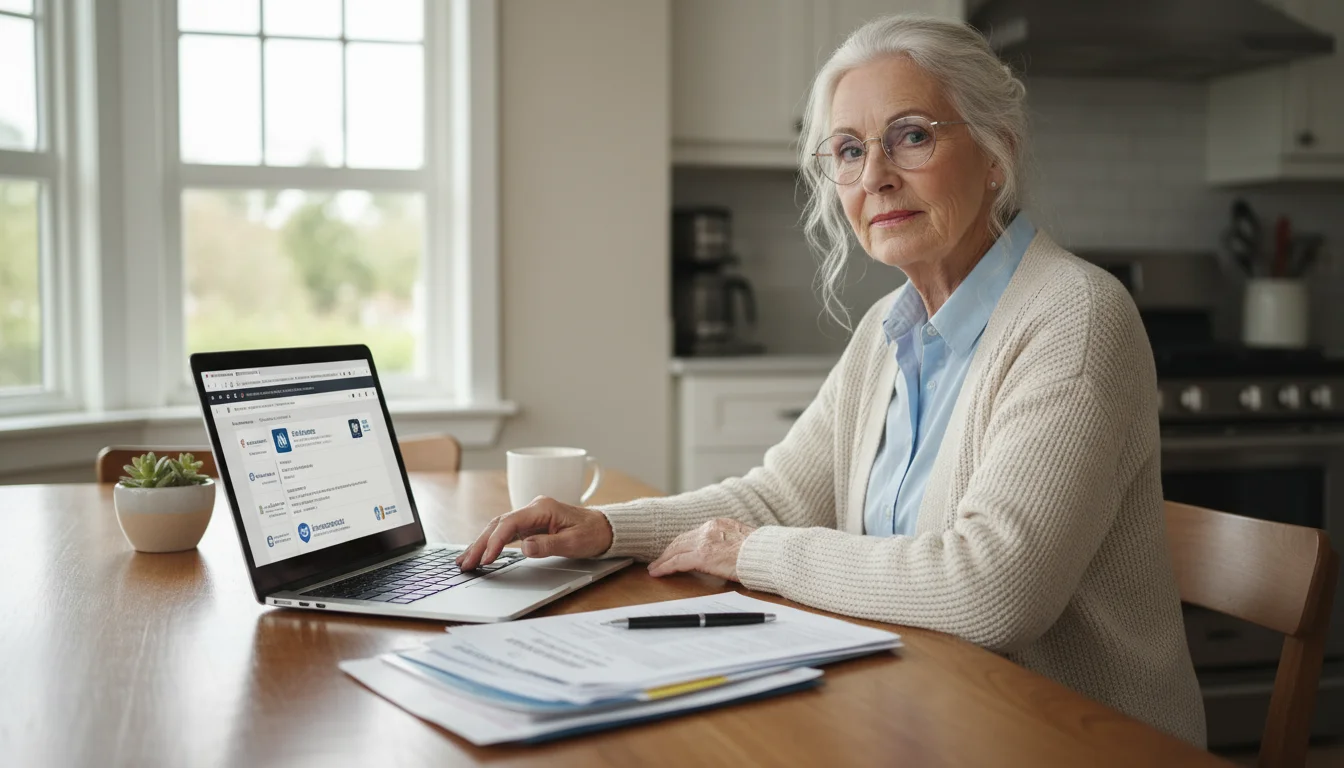An older woman with reading glasses at a kitchen table, comparing insurance documents and quotes on a laptop.