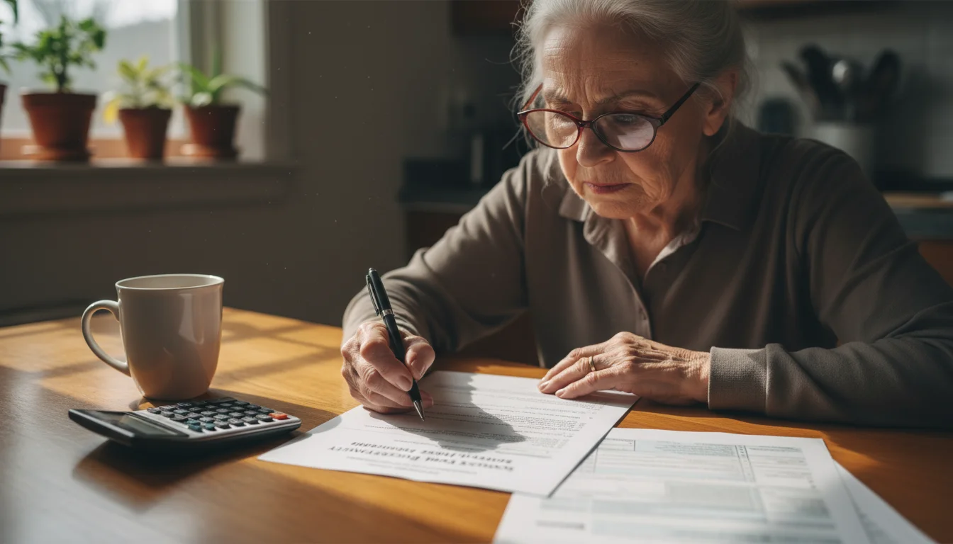 An older woman with reading glasses reviews financial documents at a wooden table with a calculator and coffee.