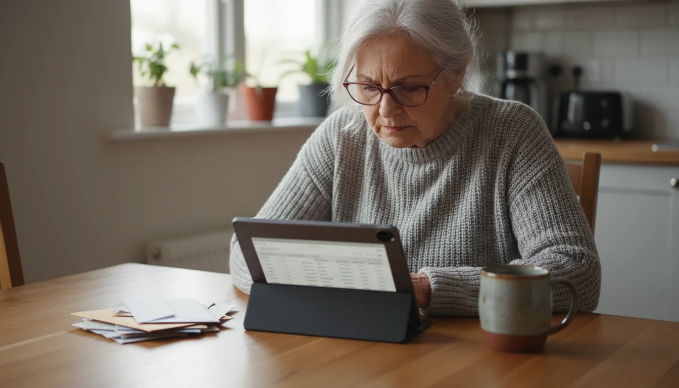 An older woman with reading glasses reviews financial information on a tablet at her kitchen table.