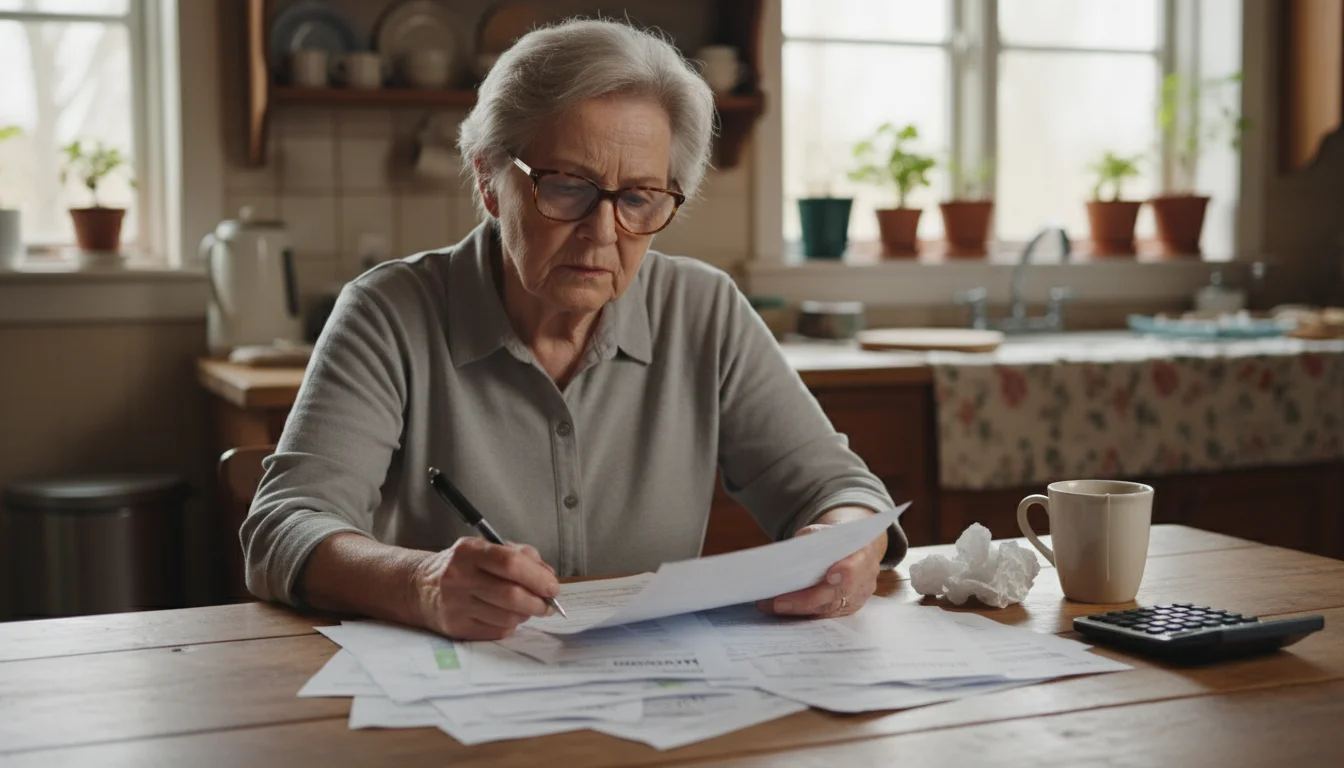 Older woman with reading glasses reviews medical bills at a kitchen table, looking thoughtful and slightly concerned.
