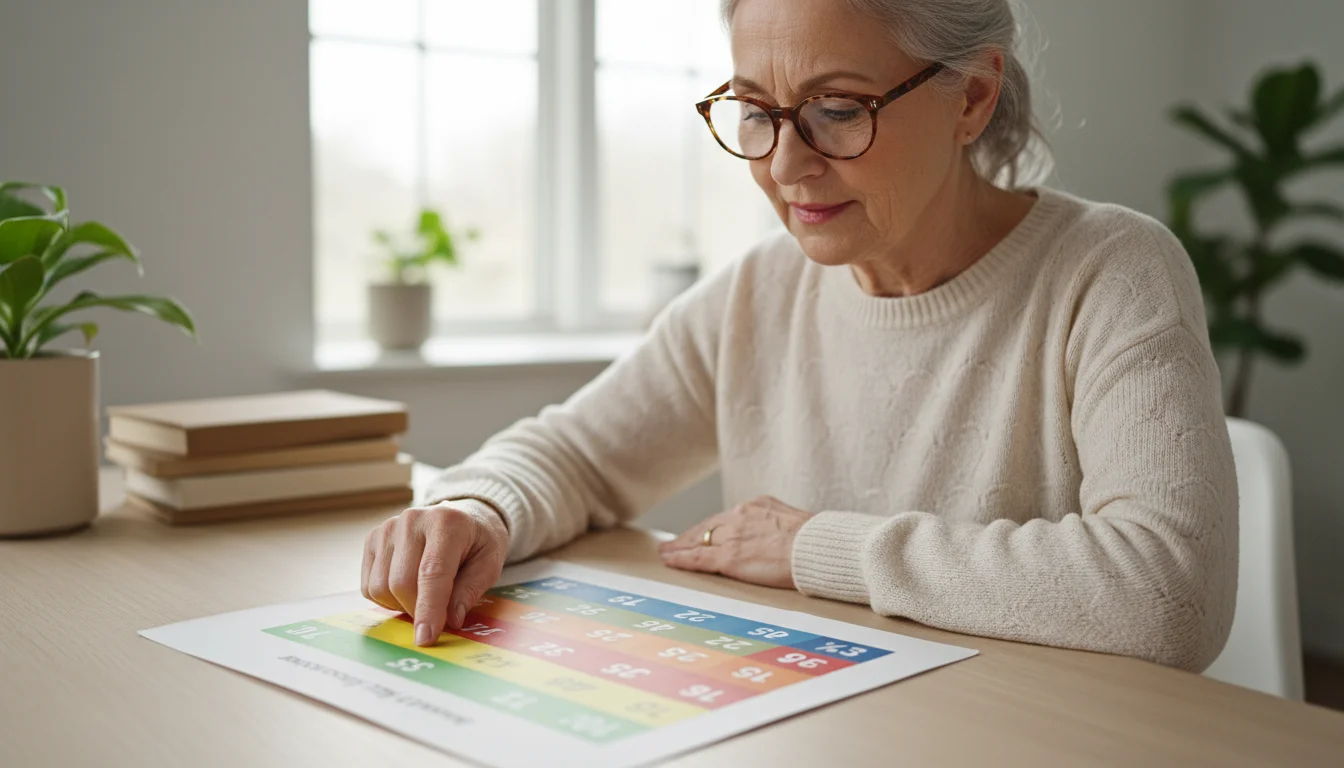 Older woman in reading glasses tracing a finger along a diagram of tax brackets with different colored steps, looking thoughtful.
