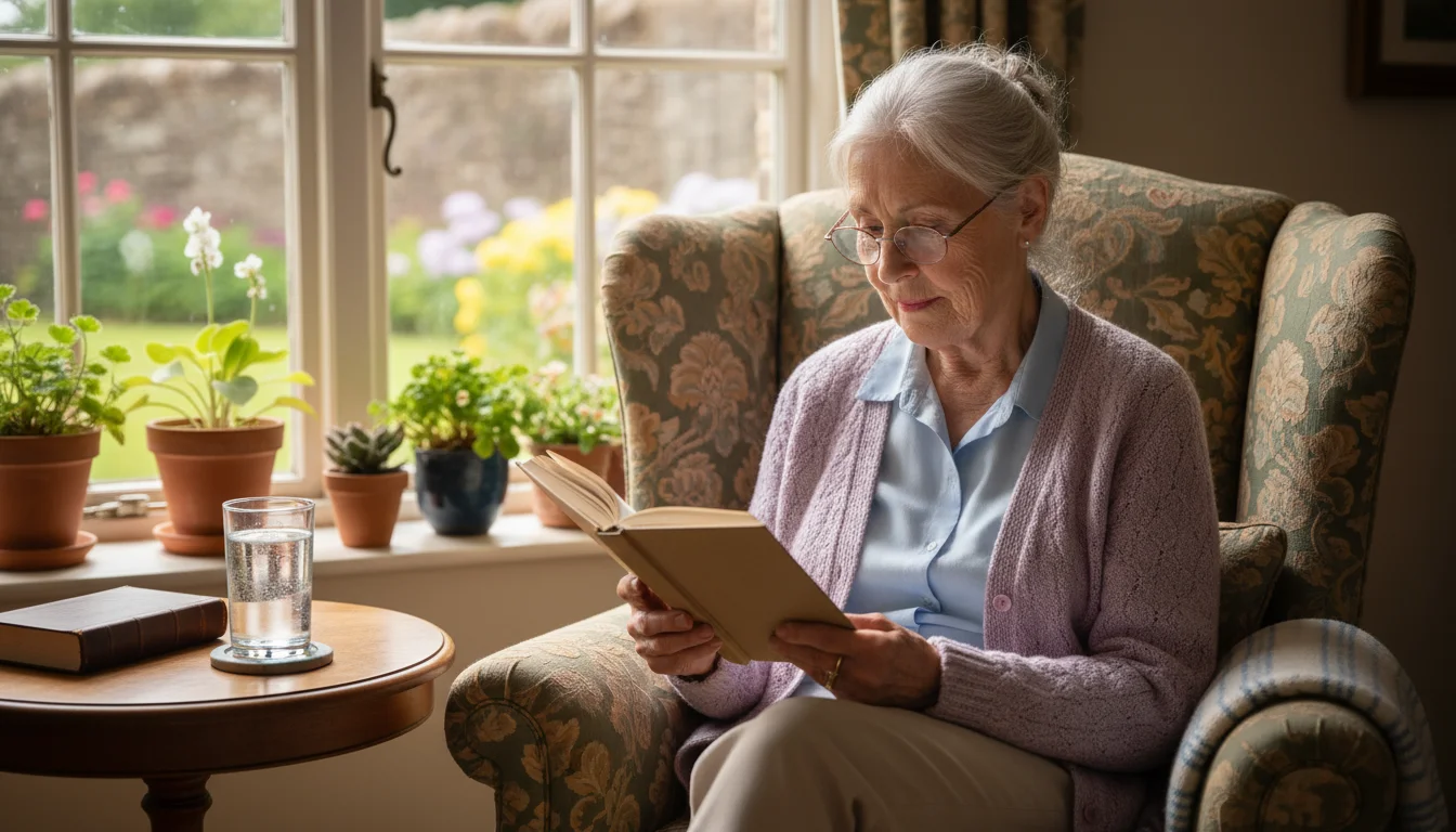 An older woman reads in an armchair with a glass of water on a table beside her, bathed in soft window light.