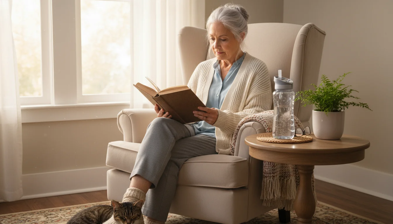 An older woman reads a book in an armchair with a clear, reusable water bottle within easy reach on a side table.