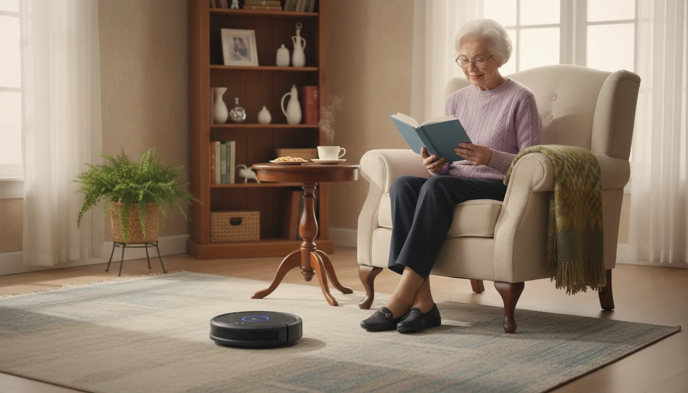 An older woman reads a book in an armchair while a robot vacuum cleans the living room floor nearby.