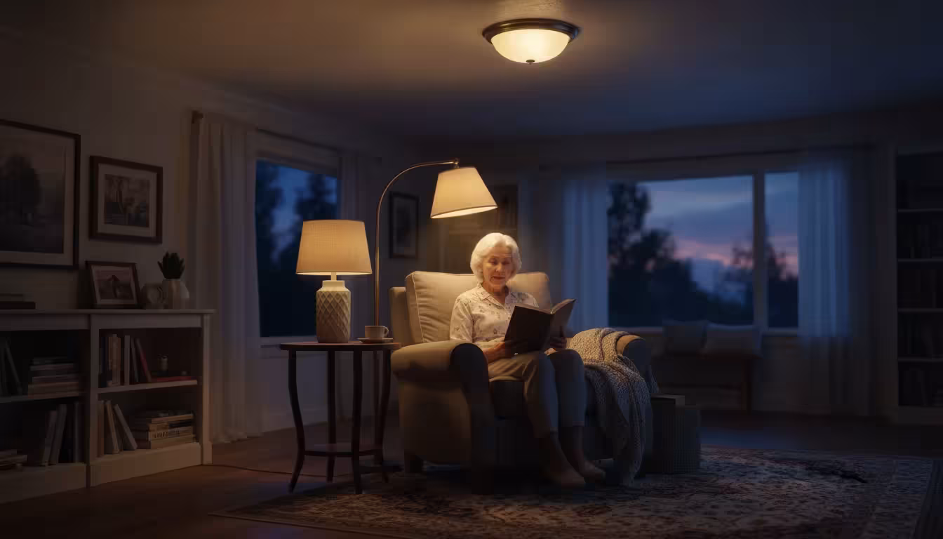An older woman reads a book in a cozy, warmly lit living room, illuminated by a floor lamp, a gentle ceiling light, and a soft table lamp.
