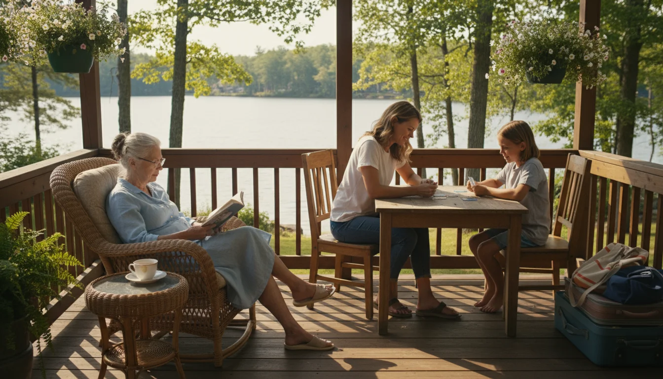 An older woman reads a book on a porch while her adult daughter and grandchild play cards nearby, enjoying quiet moments on vacation.