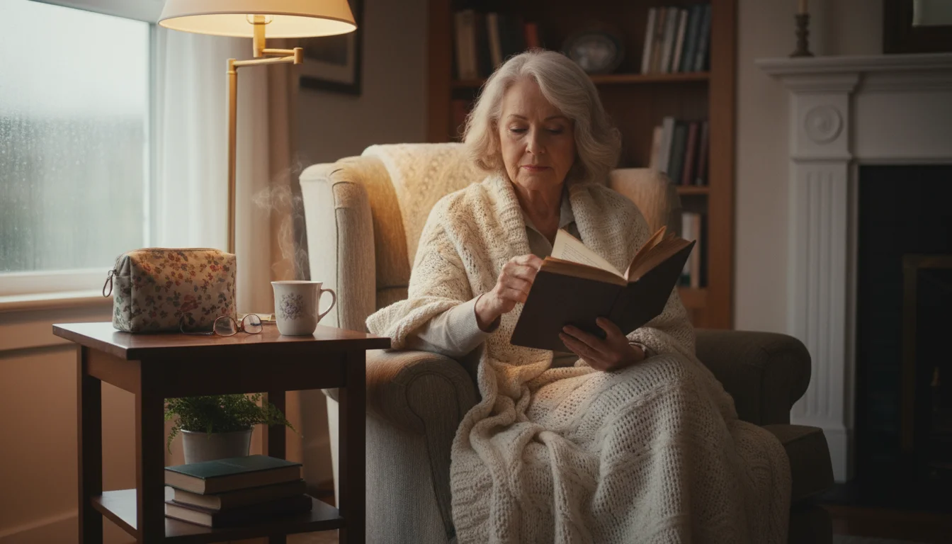 An older woman reads a book, wrapped in a cozy blanket, with a toiletry bag and hand sanitizer on a side table.
