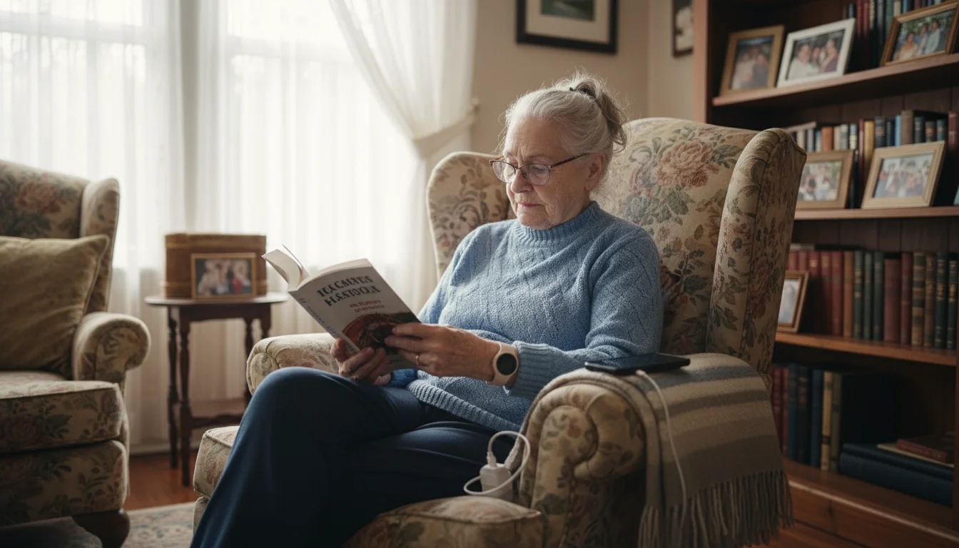 An older woman reads in her armchair, her smartphone on the armrest and a medical alert wristband visible on her arm, showing preparedness.