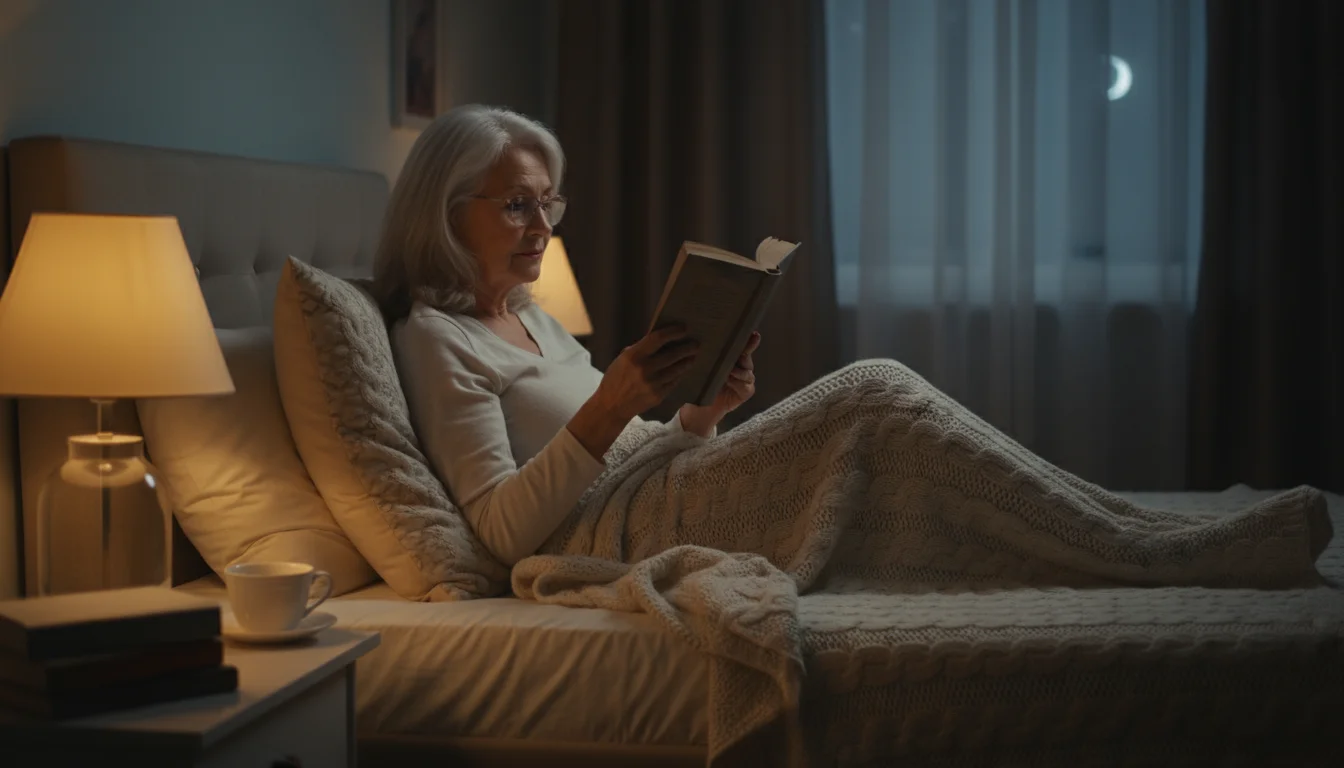 An older woman (70s) reads a physical book in a softly lit bedroom, propped up in bed with a warm blanket.