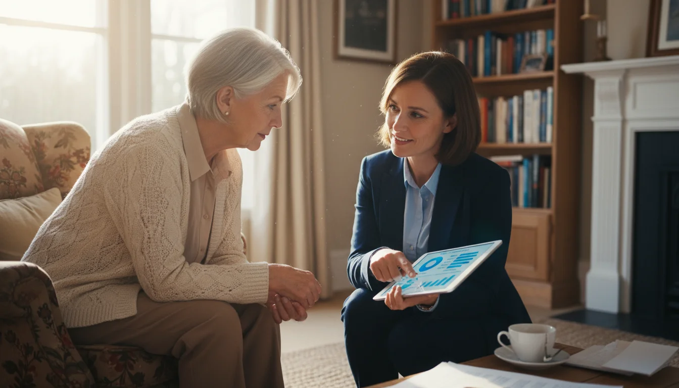 An older woman and a real estate agent review property data on a tablet in a sunlit living room.